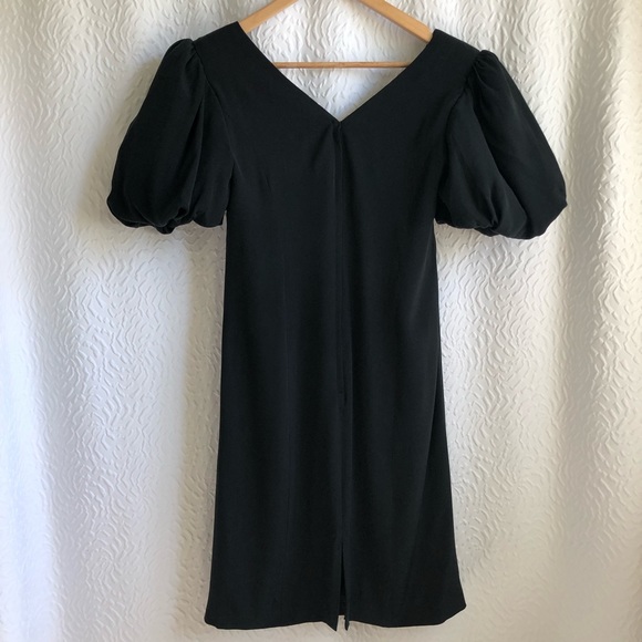 Vintage Black Square Sweatheart Neckline Puff Sleeve 100% Midi Silk Dress - Picture 10 of 16